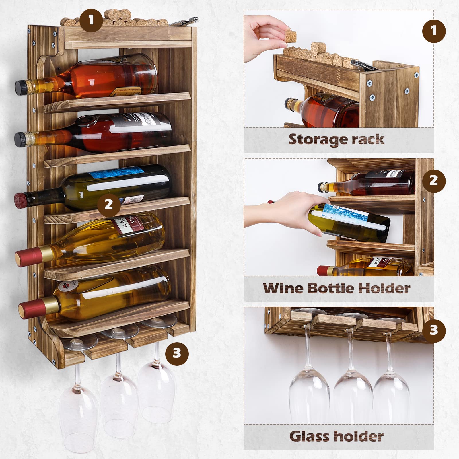 Wall Mounted Wood Wine Rack with Bottle & Stemware Holder - Rustic Whiskey Display Storage with Cork Compartment for Home Bar, Kitchen Decor | Perfect for Wine Enthusiasts & Entertaining Guests