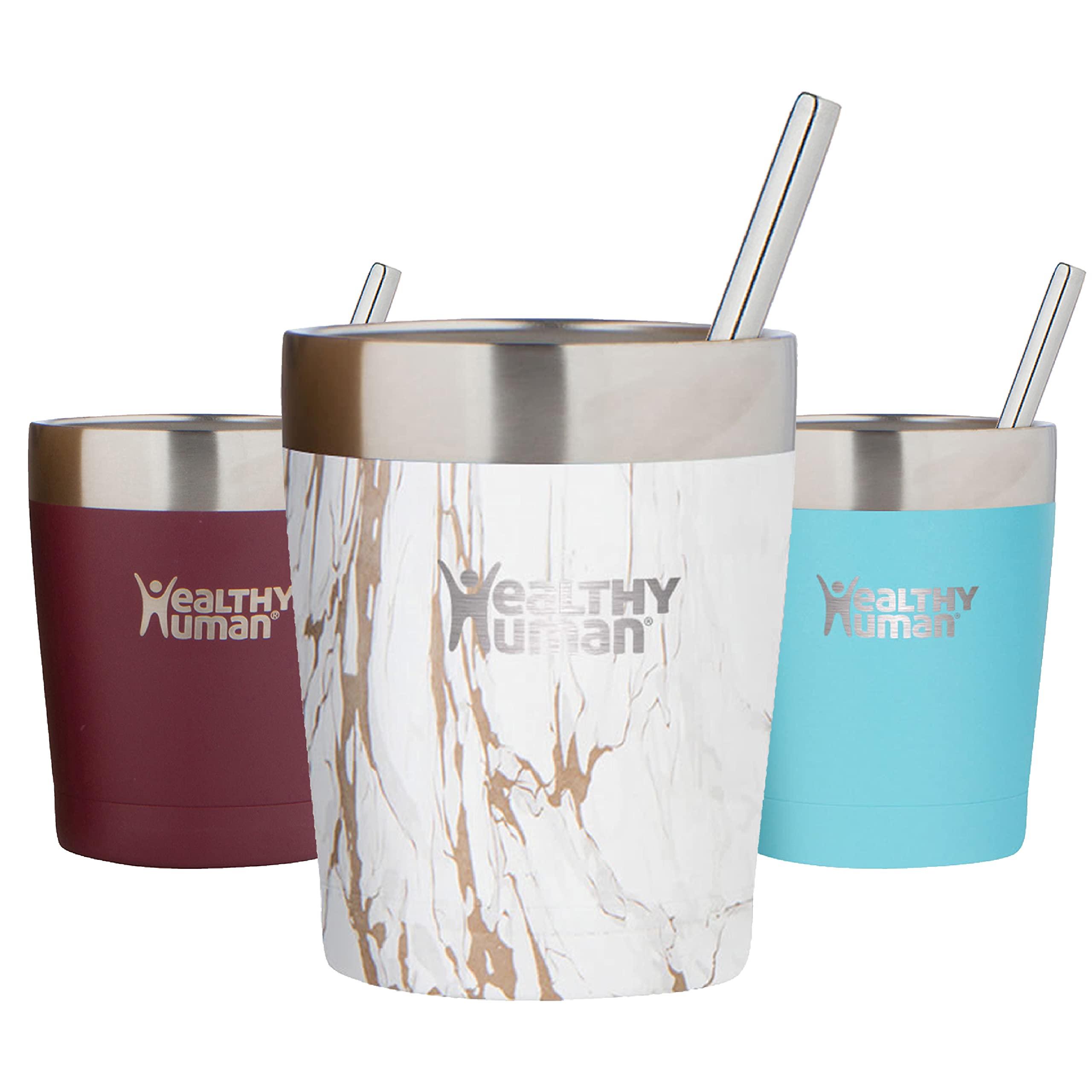 Healthy Human Stainless Steel Tumbler with Straw - 12oz Insulated Travel Mug, Splash Proof & Eco-Friendly Coffee Cup with Cleaning Brush (Stone Gold) | Perfect for Office, Gym, Hiking & Outdoor Activities
