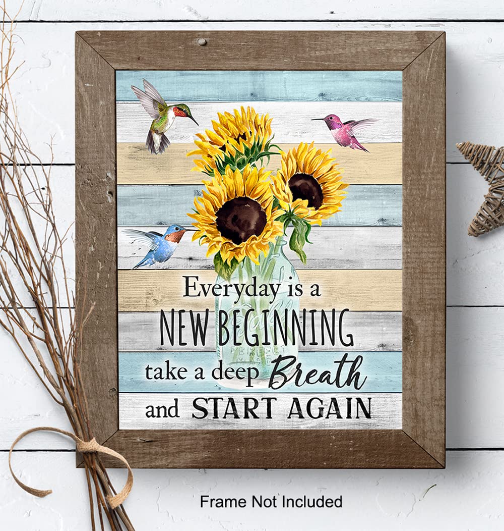 Inspirational Wall Art Decor with Hummingbirds & Sunflowers - Rustic Boho Family Home Decor - Positive Quote Sign for Living Room, Bedroom, Office - Encouragement Gift for Women, Housewarming Present
