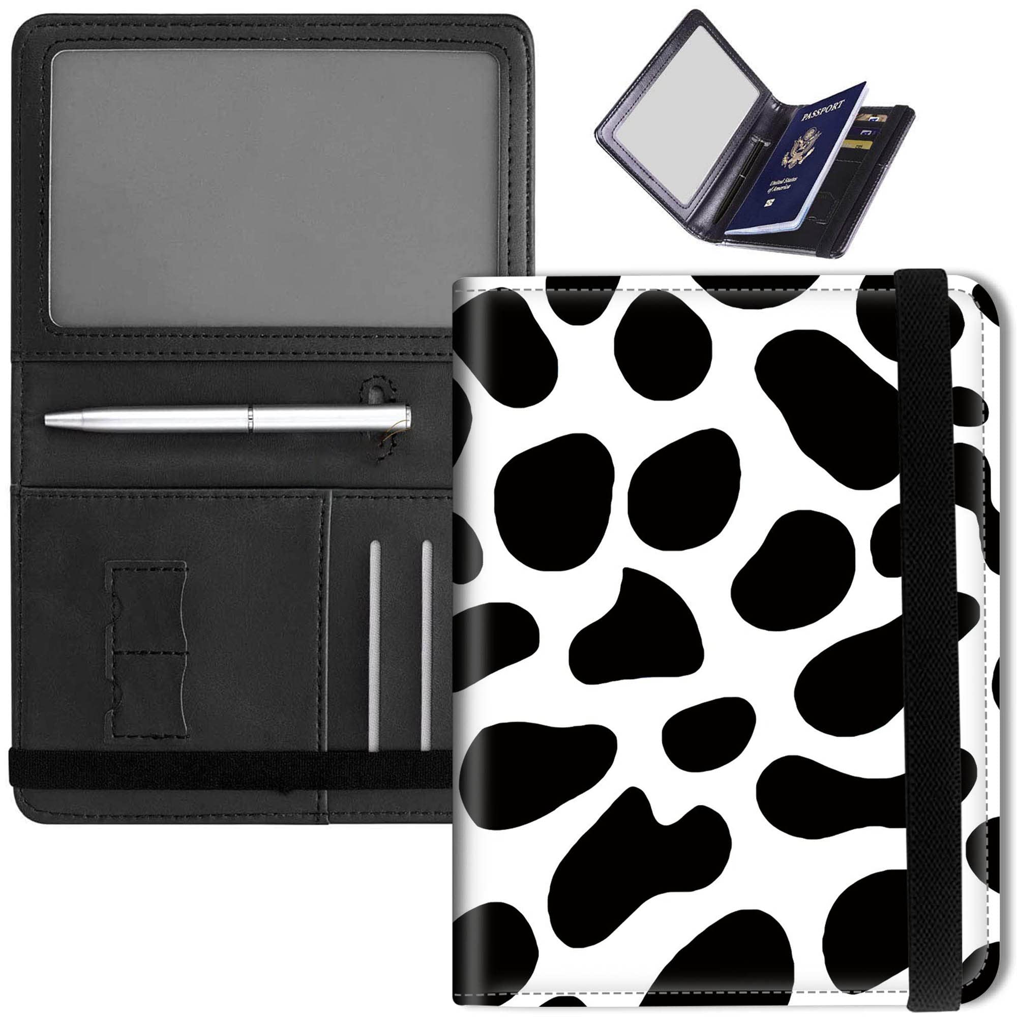 RYUITHDJP RFID Blocking Passport & Vaccine Card Holder - Leather Wallet with Cow Print Design for Travel & Vaccination Records - Black & White Style for Secure ID & Credit Card Storage