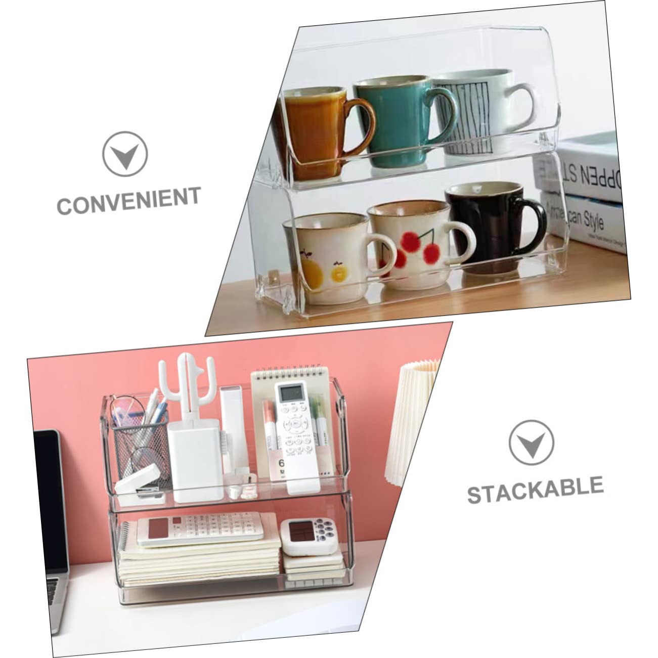 Clear Stackable Storage Bins - 4 Pcs Double Desktop Shelf for Bathroom & Pet Organization