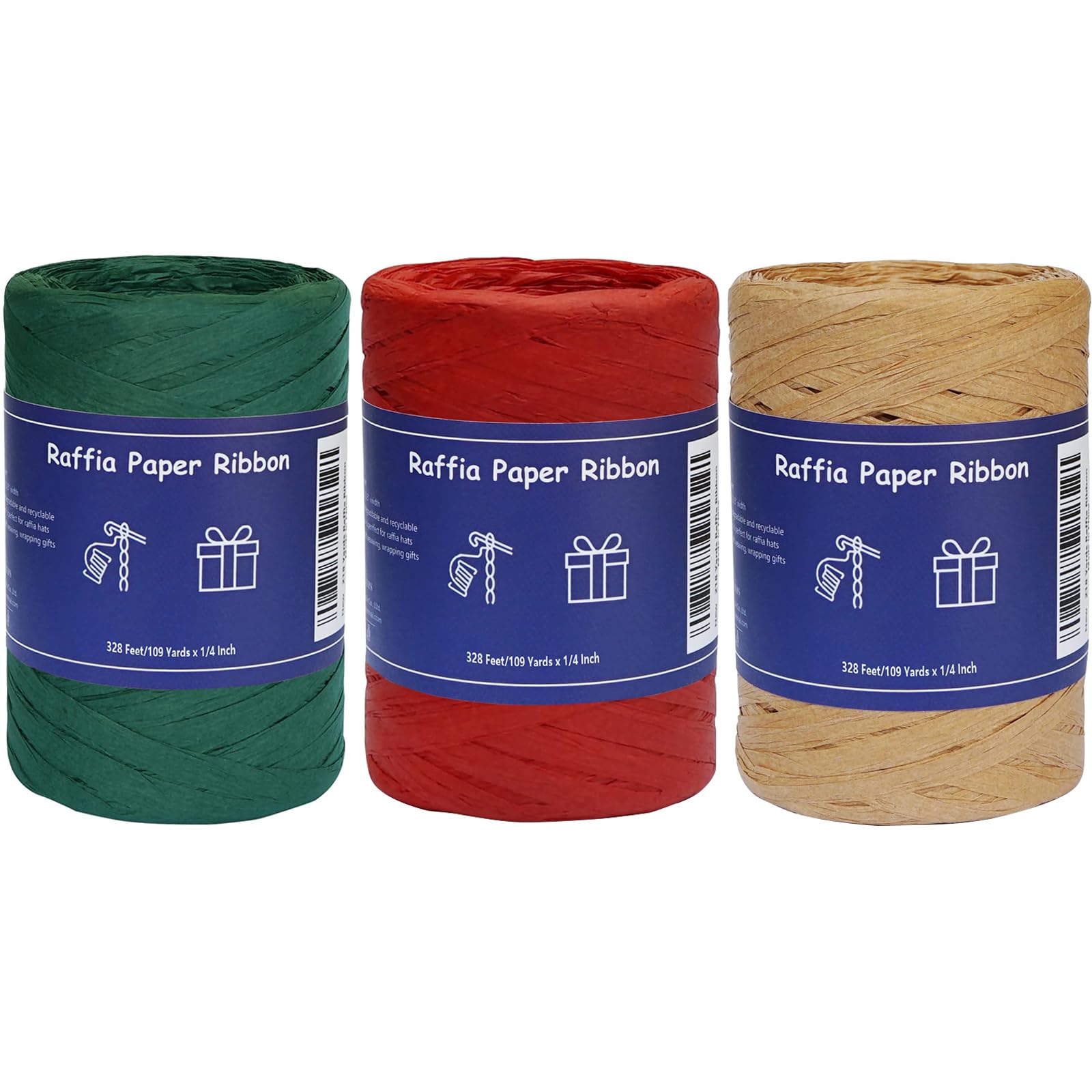 Premium Raffia Ribbon for Gift Wrapping - 3 Rolls Christmas Craft Ribbon, Packing Paper Twine (Red & Green Kraft, 1/4