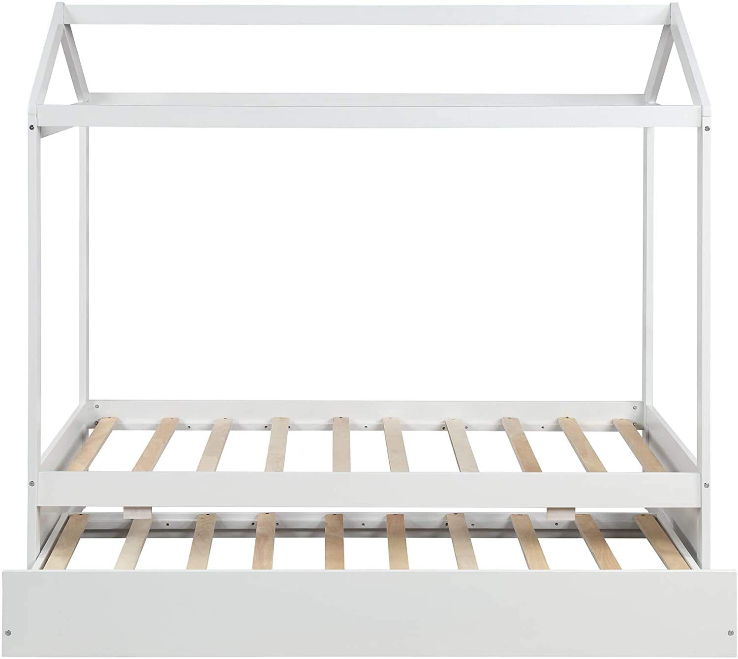 Twin Size Wooden House Bed Frame with Trundle - Kids Bedroom Furniture for Girls & Boys, White - Perfect for Small Spaces & Sleepovers