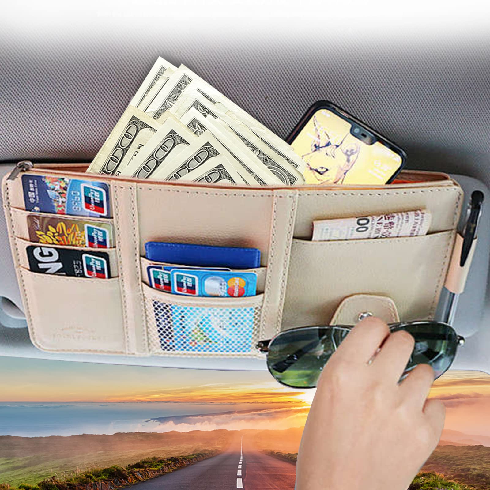 Beige PU Car Sun Visor Organizer - Multi-Pocket Sunglasses & Travel Document Holder for Auto Interior Storage | Perfect for Road Trips & Daily Commutes
