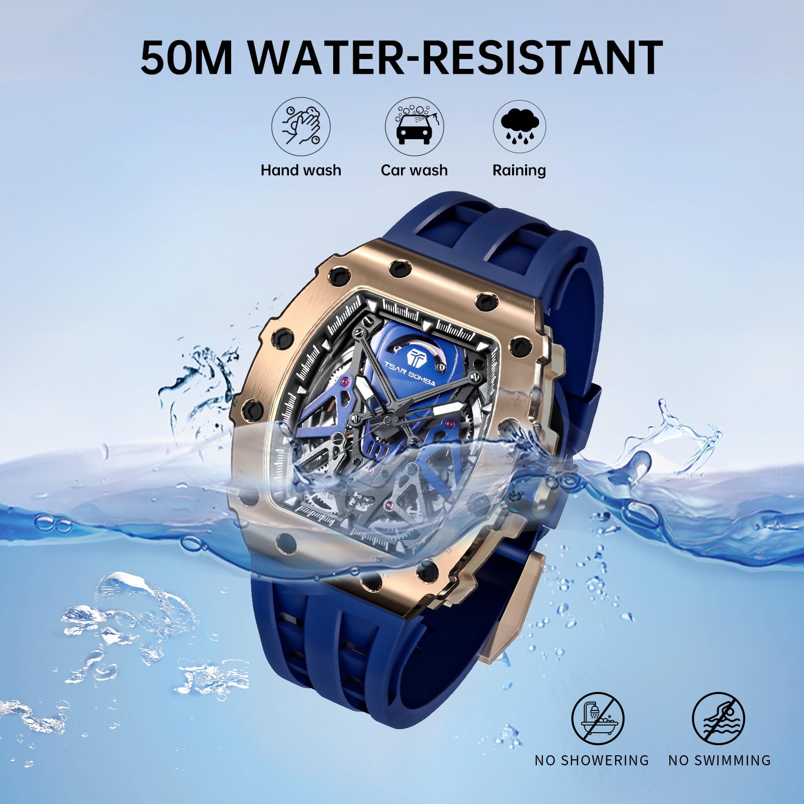 TSAR BOMBA Luxury Men's Watch - 50M Waterproof Tonneau Chronograph with Silicone Band & Mechanical Movement - Perfect for Business, Casual Wear & Gifts for Him