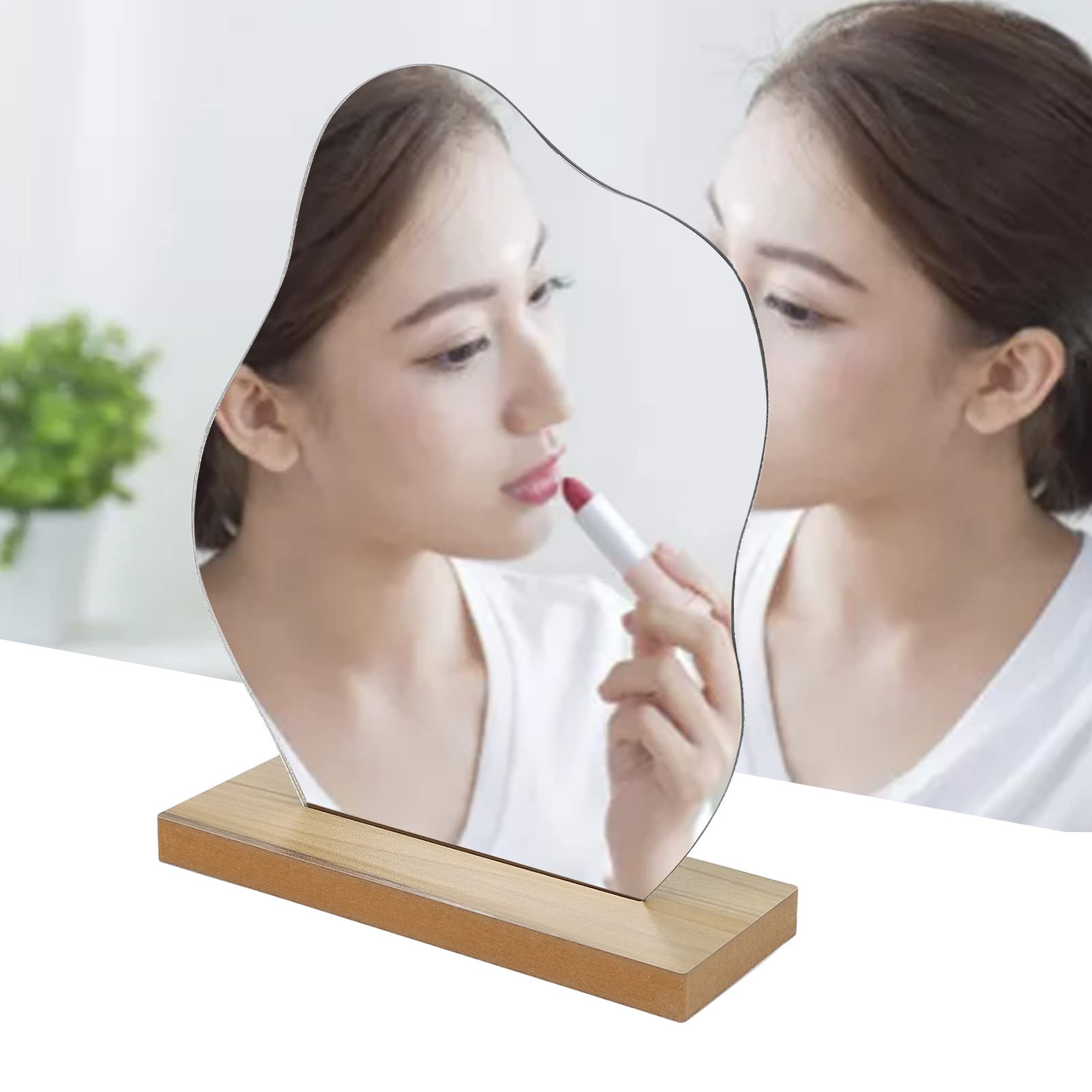 Portable Acrylic Desktop Makeup Mirror with Wooden Base - Lightweight Aesthetic Irregular Vanity Mirror for Bedroom, Living Room & Travel | Perfect for Home Decor, Dressing Table & Gift