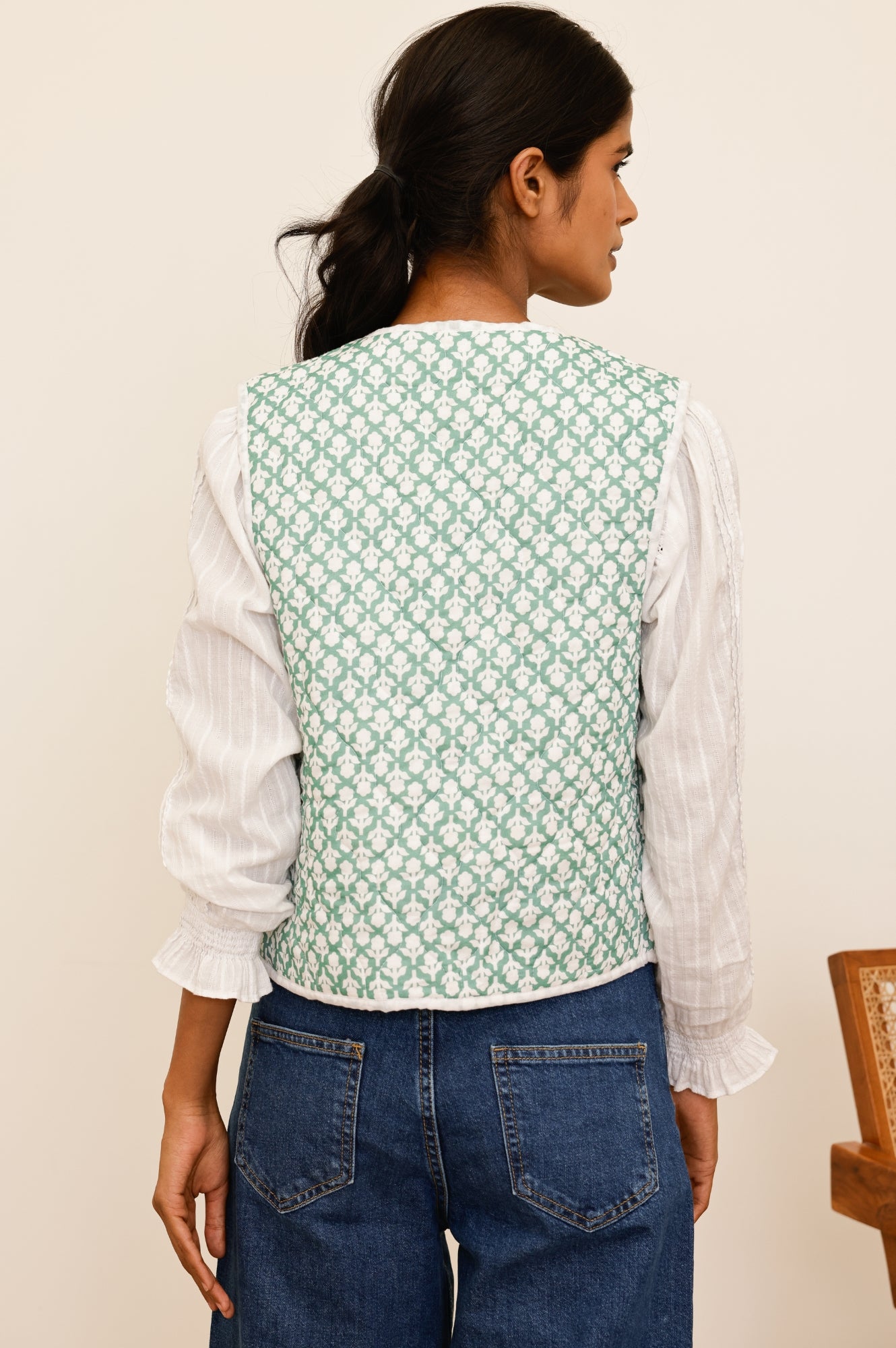Arlo Quilted Organic Cotton Gilet Vest for Women - Flower Stamp Sage/White - Lightweight Layering Piece for Fall & Winter Fashion