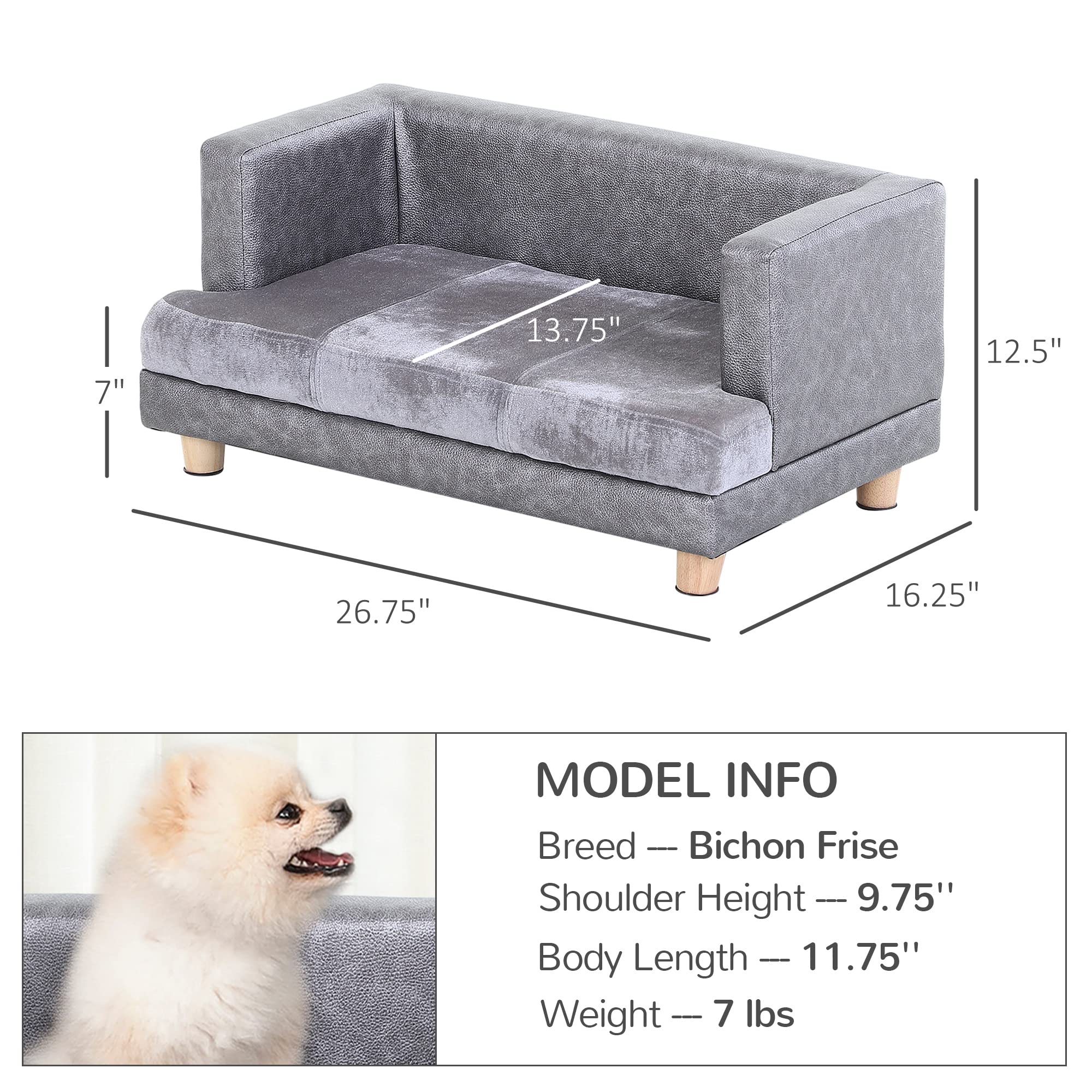 Luxury Dog Bed for Small Dogs - Soft Fuzzy & Faux Leather Combo with Thick Foam Mattress - Modern Rectangle Pet Sofa for Puppies & Small Breeds - Gray - Perfect for Living Room, Bedroom & Pet Nursery Decor