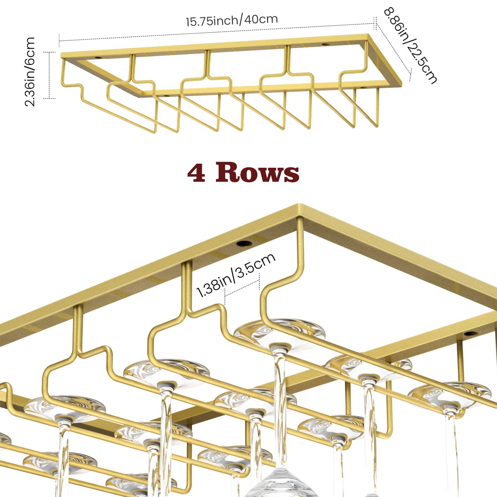 Nuovoware 4-Tier Under Cabinet Wine Glass Holder - Metal Stemware Rack Organizer for Bar & Kitchen Storage (Nano Gold) - Perfect for Hanging Wine Glasses, Champagne Flutes & Cocktail Cups in Home Bars, Restaurants & Wine Cellars