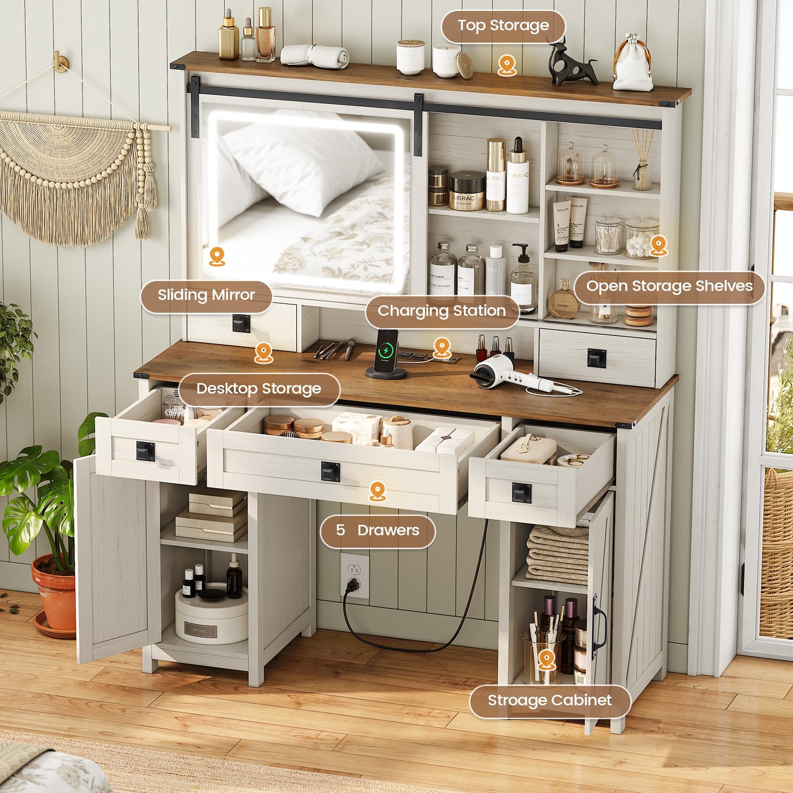 AOGLLATI Farmhouse Vanity Desk with Mirror & LED Lights - Large White Makeup Vanity Table with USB Charging Station, Ample Storage & Sliding Mirror - Perfect for Bedroom, Dressing Room & Bridal Makeup (Antique White)