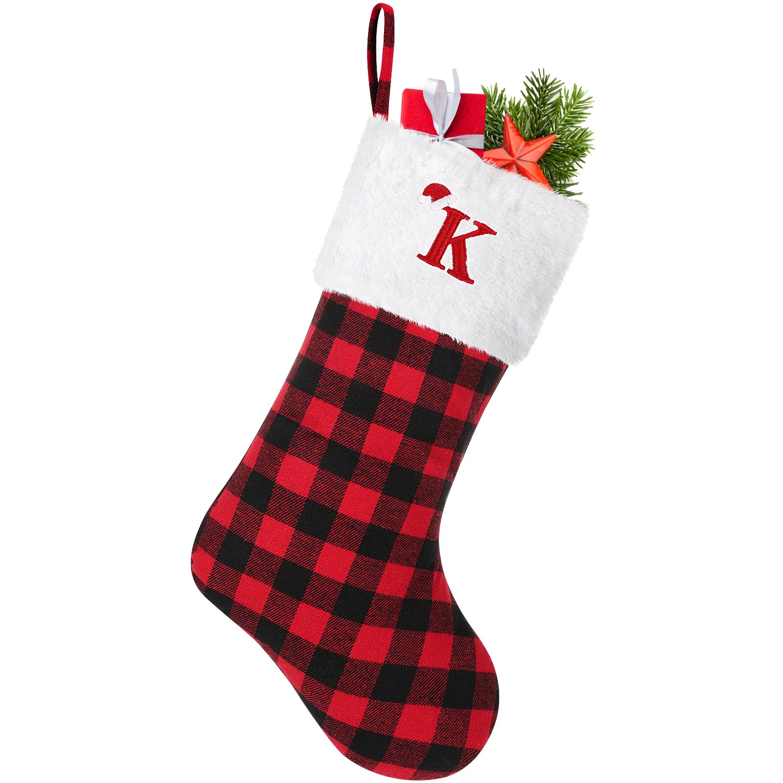 20 Inch Large Personalized Monogram Christmas Stocking - Red & Black Buffalo Plaid with Embroidered Initial Letter (K) | Holiday Fireplace Decor for Xmas, Family Gatherings and Festive Home Decoration