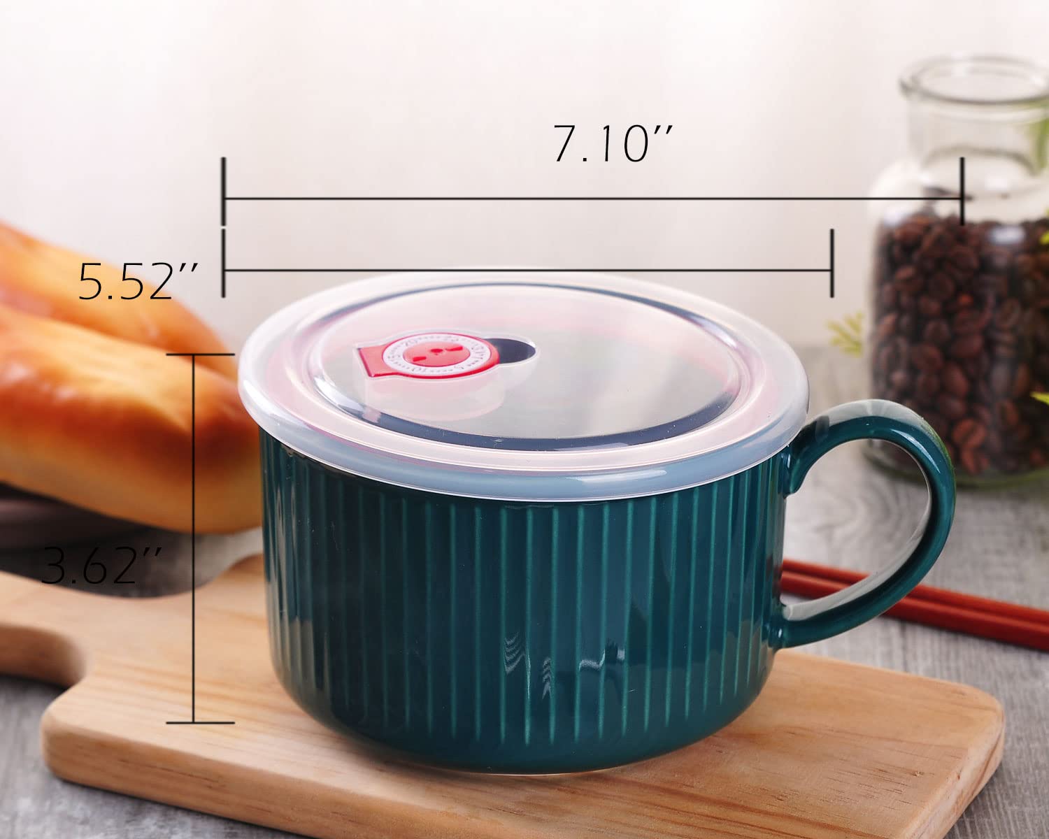 WHJY 30oz Ceramic Soup Bowl with Lid & Handle - Microwave & Dishwasher Safe, Heat Preserving Soup Mug for Ramen, Noodles, Cereal - Modern Minimalist Design, Dark Green - Perfect for Home, Office & Dorm Use