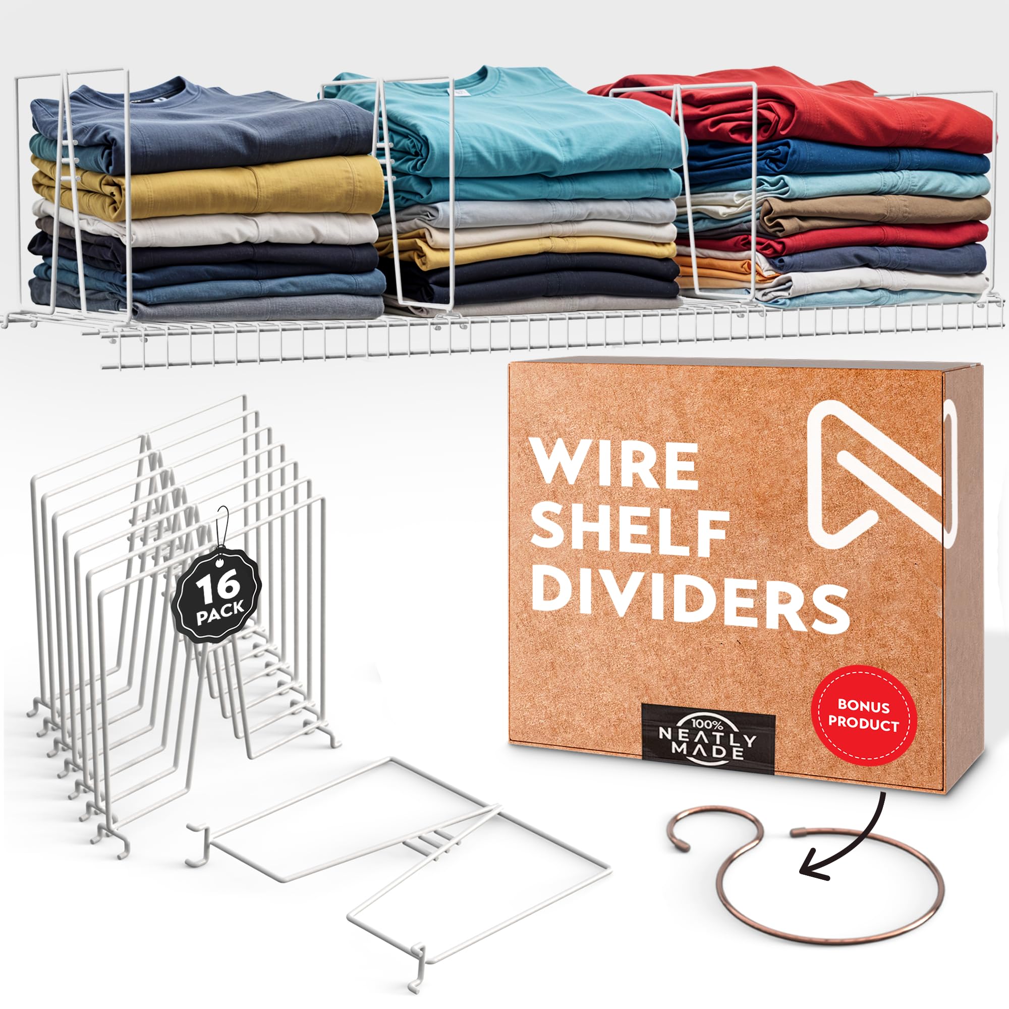 Tall White Wire Shelf Dividers for Closet Organization – 16 Inch Sturdy & Easy Install Closet Shelf Dividers (8-Pack) with Bonus Rose Gold Hangers | Perfect for Bedroom, Walk-in Closet & Pantry Storage