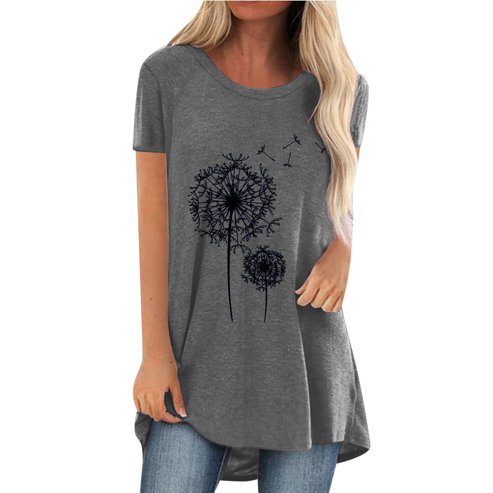 Women's Plus Size Summer Tunic Tops - Short Sleeve Casual Dandelion Print Shirts for Women | Perfect for Beach Outings, Vacation Wear & Everyday Comfort