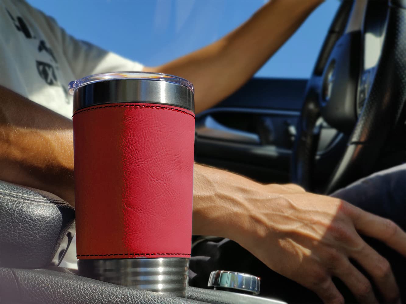 LaserGram 20oz Vacuum Insulated Stainless Steel Tumbler Mug with Leakproof Lid - Custom Basketball Player Design & Personalized Engraving - Faux Leather Wrap & Red Color - Perfect for Sports Fans, Office Use & Outdoor Activities