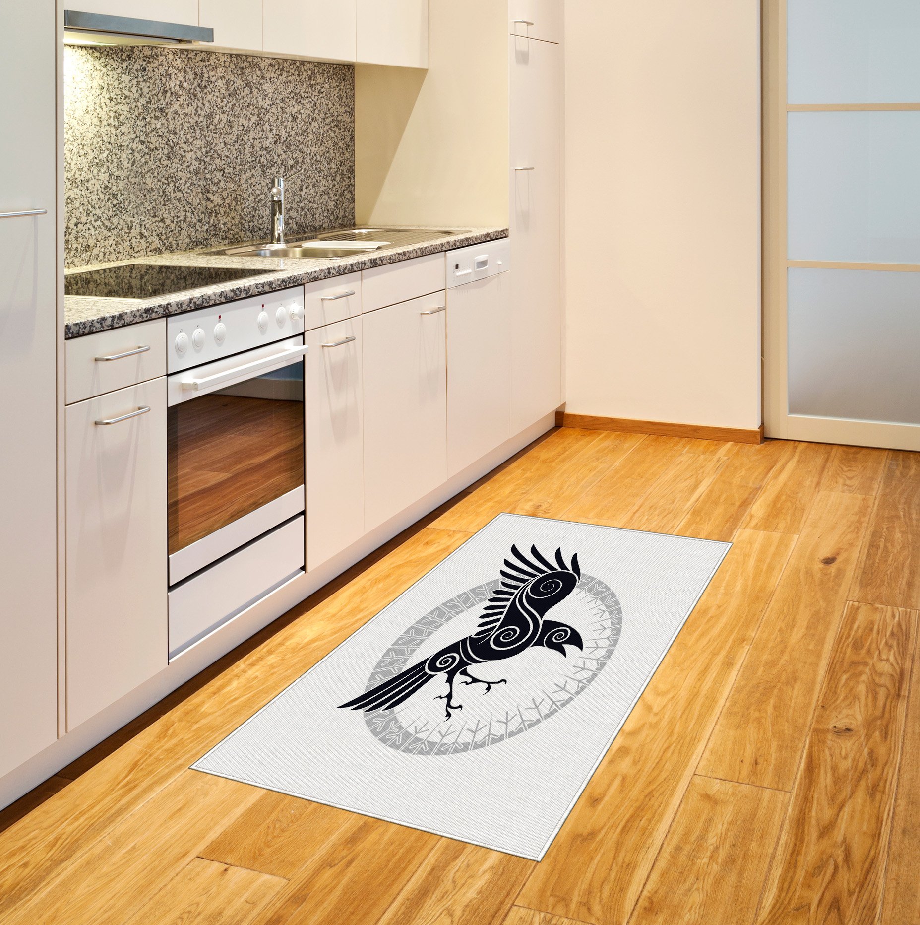 Raven Area Rug - Abstract Celtic Bird Design with Runic Circle, Flat Woven Accent Rug for Living Room, Bedroom, Dining Room - 2'6