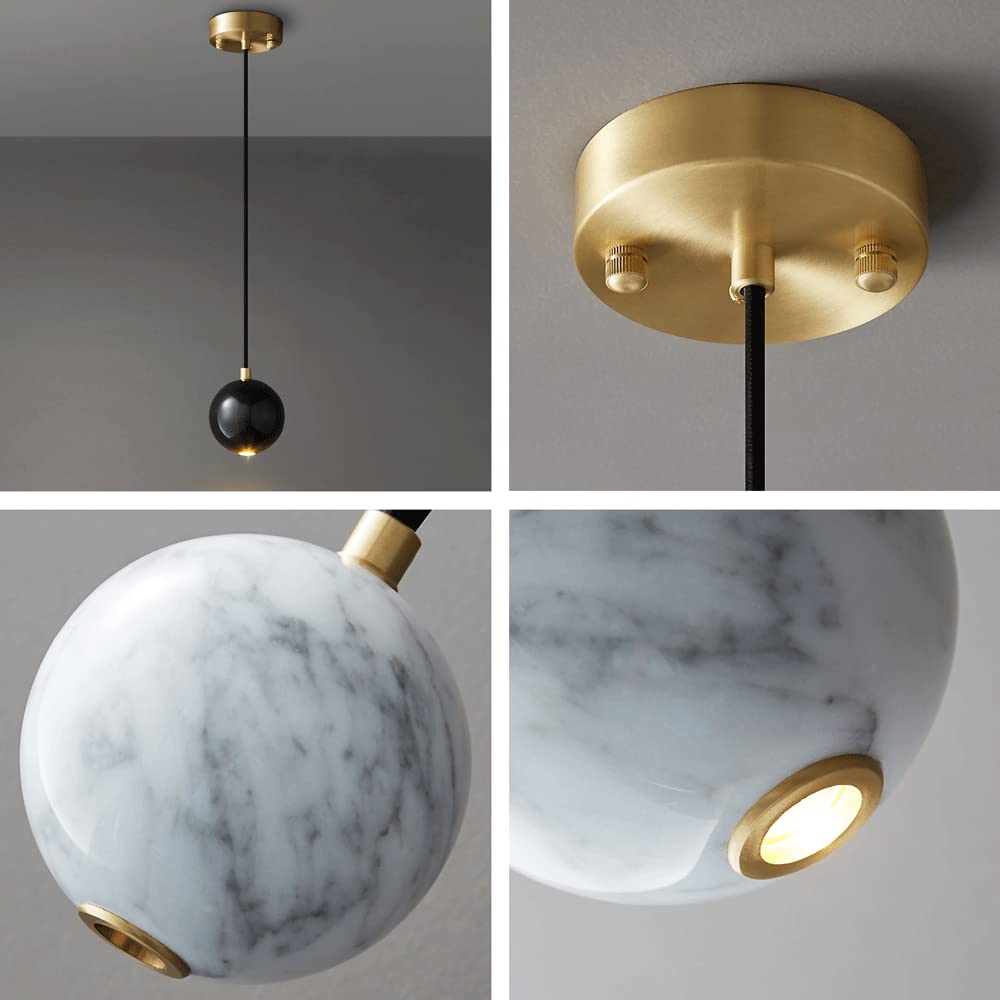 Modern LED Chandelier with Marble Pendant & Round Ball-Shaped Lampshade - Adjustable Copper Hanging Light Fixture for Dining Room, Living Room, and Bedroom Ceiling Lighting