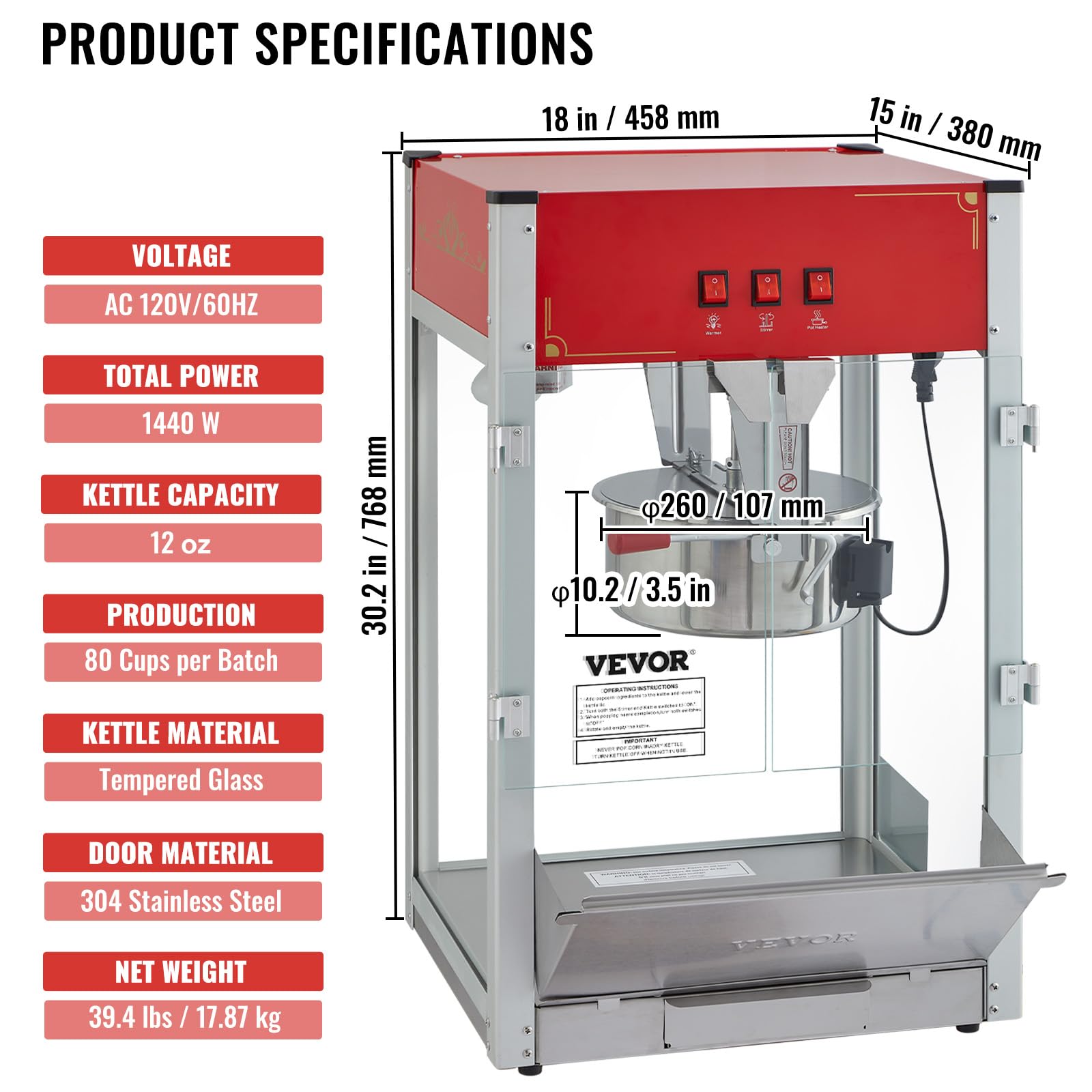 VEVOR 12 Oz Commercial Popcorn Machine - 1440W Theater Style Popper with 3-Switch Control, Steel Frame & Tempered Glass - Makes 80 Cups per Batch (Includes Scoop & 2 Spoons, Red) - Perfect for Movie Theaters, Carnivals, and Home Entertainment
