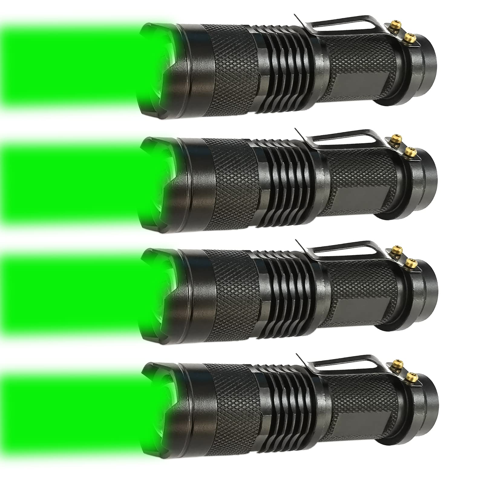 4 Pack Green LED Flashlight with Clip & Zoom - High Power Hunting, Fishing & Night Observation Light - Perfect for Outdoor Adventures, Camping & Emergency Use