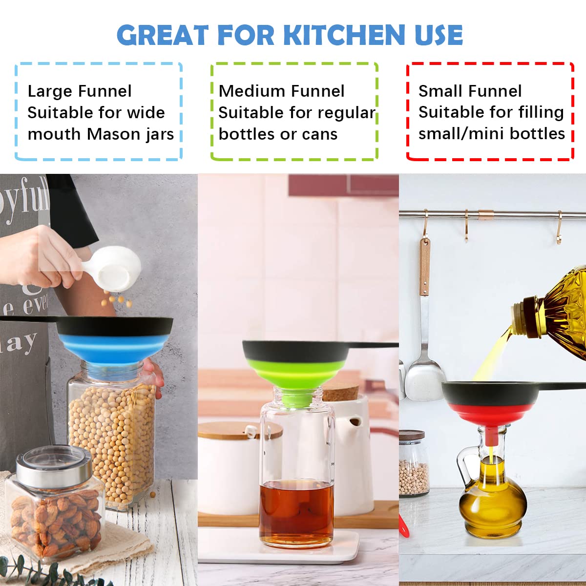 **Wide Mouth Canning Funnel Set (3 Pack) - Food Grade Silicone Collapsible Kitchen Funnel for Bottles, Mason Jars, Transferring Liquids, Oil & Powder - Perfect for Home Brewing, Cooking & DIY Projects**