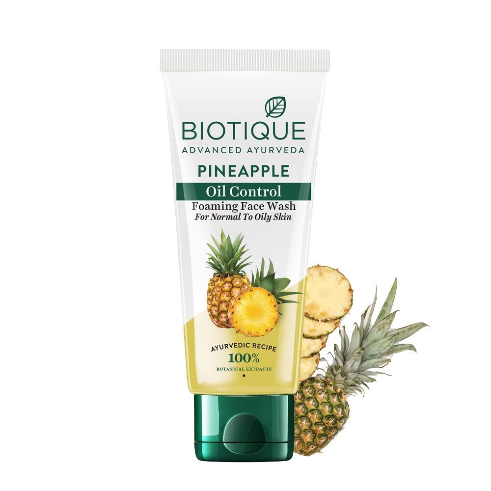 Biotique Pineapple Oil Control Foaming Face Wash for Oily & Dry Skin - Hydrating, Oil-Free, Even Skin Tone with 100% Natural Botanical Extracts - 150ml - Perfect for Daily Cleansing & Acne-Prone Skin Care Routine