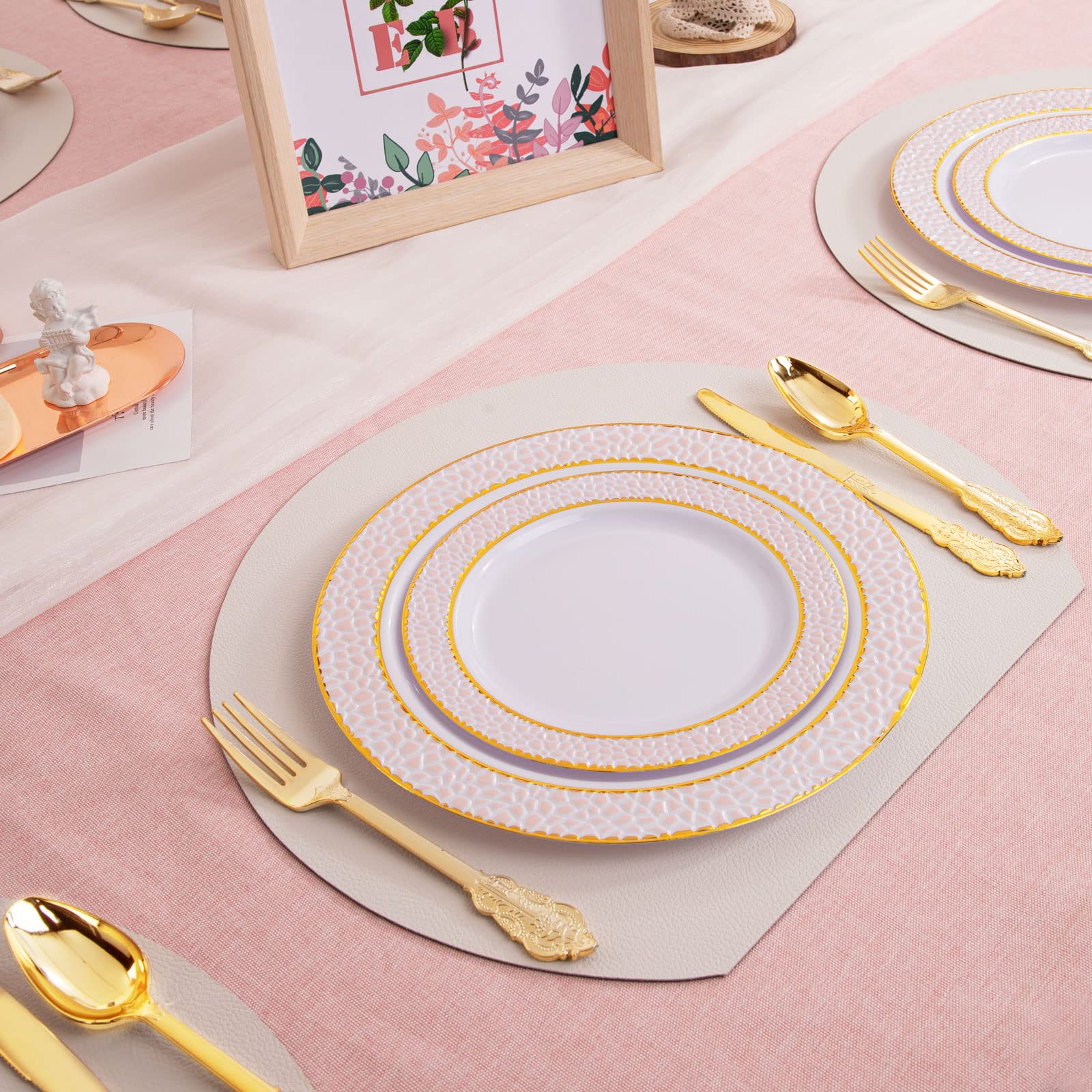 Liacere 102-Piece Pink Plastic Plates & 30-Pack Gold Plastic Cutlery Set - Perfect for Birthday Parties, Weddings, and Outdoor Events