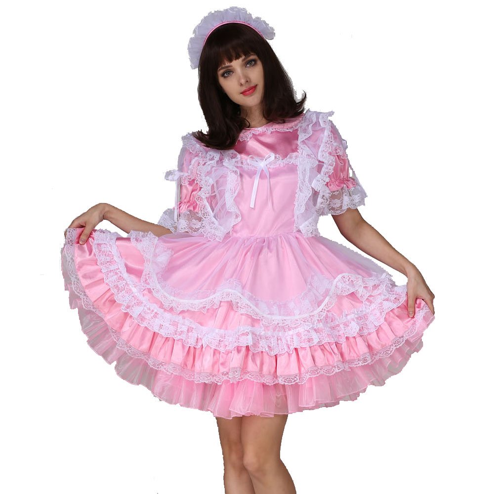 Elegant White Organza and Pink Satin Maid Dress Uniform - Cross Back Design for Cosplay, Halloween, Role Play & Party Costumes
