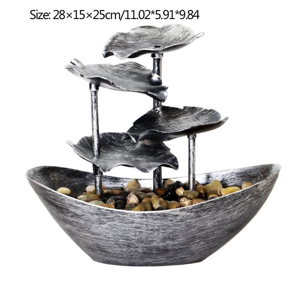Silver Tabletop Fountain with LED Lights - Lotus Leaf Shaped Desktop Waterfall for Home & Office Decor | Relaxing Zen Water Feature for Living Room, Bedroom, Porch or Garden