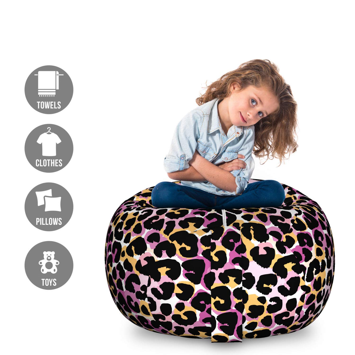 Ambesonne Leopard Print Storage Toy Bag Chair - Large Washable Stuffed Animal Organizer with Vibrant Wild Animal Pattern | Perfect for Kids' Room, Playroom & Nursery Organization