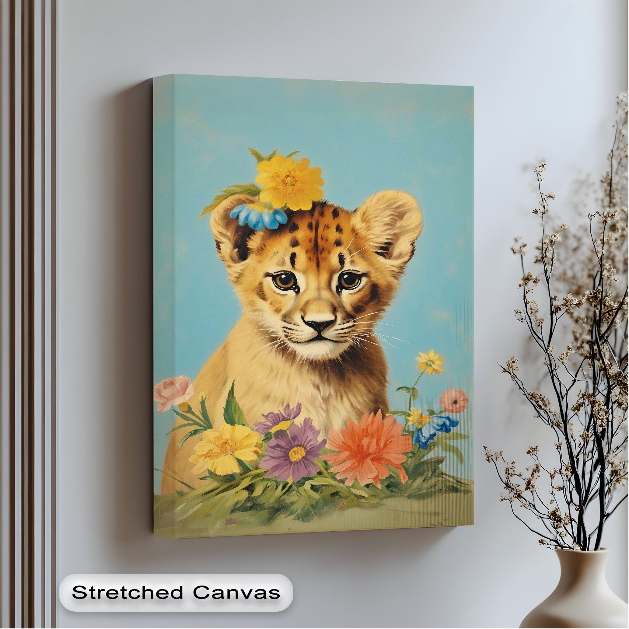 Blossom Crowned Cub - Animal Canvas Print Wall Art for Nursery, Kids Room & Home Decor | Unique Wildlife Painting for Bedroom, Living Room & Office