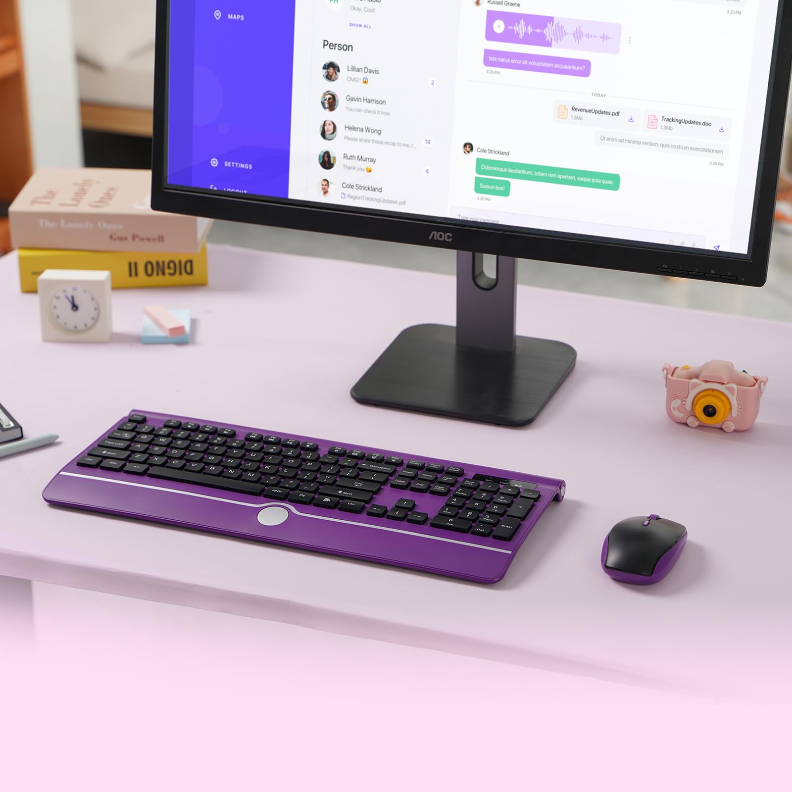 Wireless Keyboard and Mouse Combo, 2.4G Silent Purple Set with Wrist Rest for PC, Laptop - Home & Office Use
