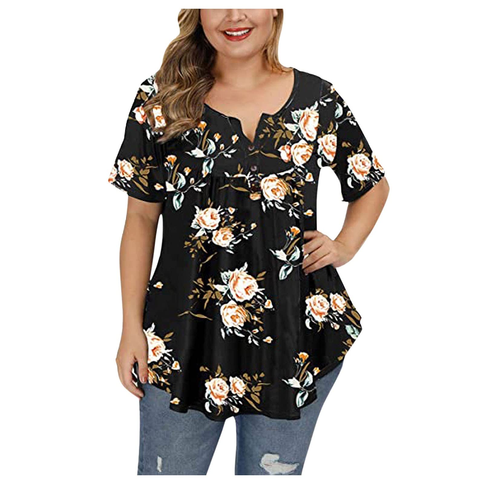 Plus Size Floral Blouses for Women - Stylish Henley V-Neck Button Up Plaid Print Tunic Tops with Ruffle & Flowy Short Sleeve | Casual Wear, Office Outfits & Summer Fashion