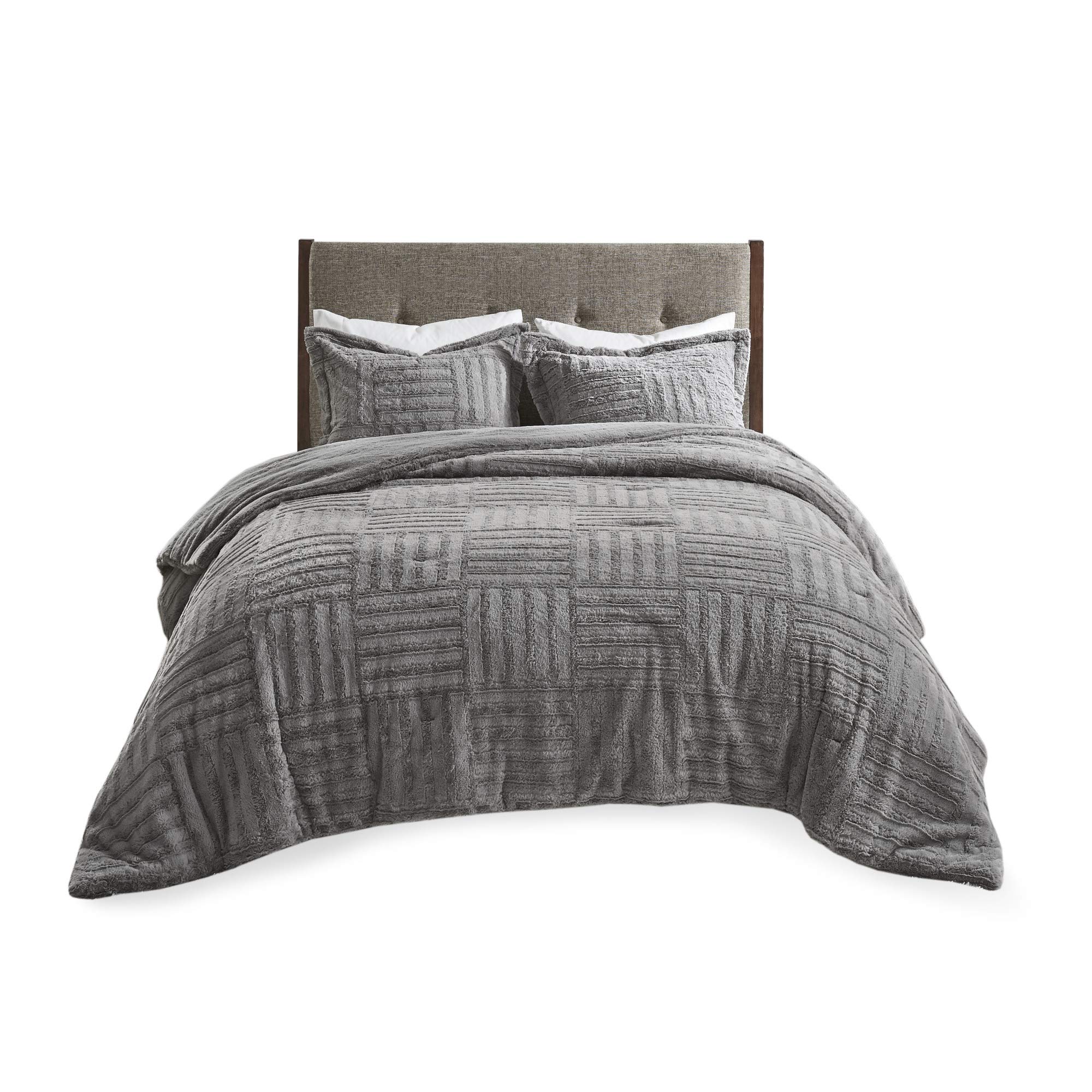 Madison Park Arctic Comforter Set - Faux Fur Checkerboard Textured Design, Ultra Soft Down Alternative, Winter Warm Bedding for King/Cal King Size, Grey | Perfect for Cold Weather & Cozy Bedroom Decor