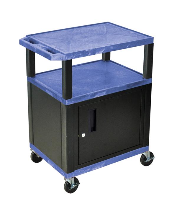 Luxor Tuffy Blue 3-Shelf AV Cart with Nickel Legs, Storage Cabinet & Electric Outlet - Perfect for Classroom, Office, or Home Media Organization