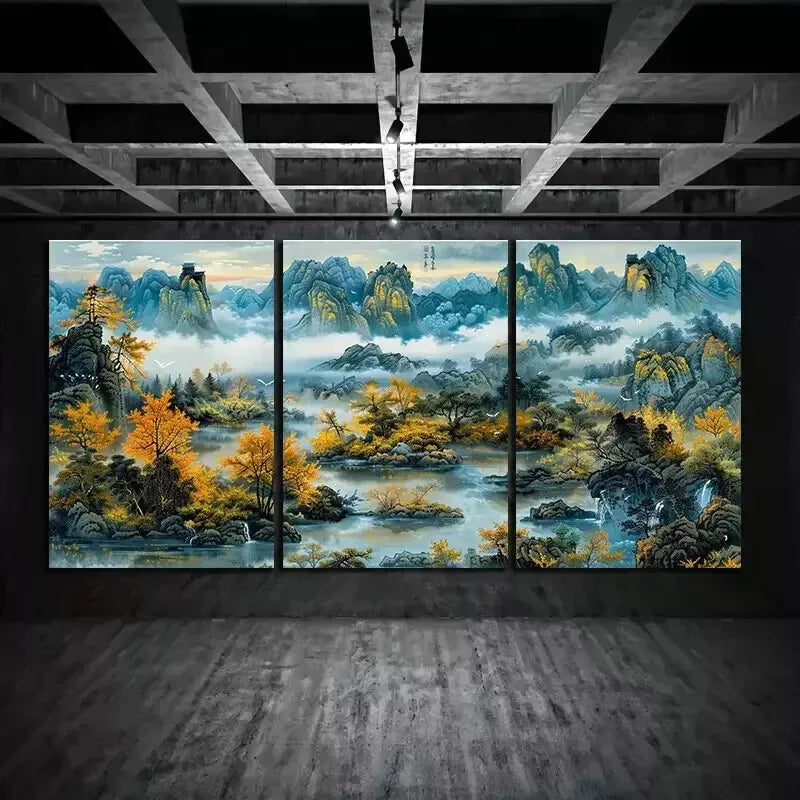 3-Piece Chinese Style Landscape Wall Art Set - Framed Canvas Prints 50x70cm - High Quality Handmade Wall Decor - Ready to Hang for Living Room, Bedroom & Office Decor