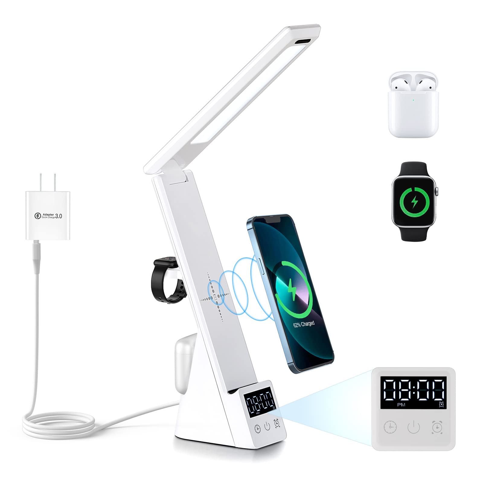 GAOHANG 3-in-1 LED Desk Lamp with Wireless Charger, Touch Control, Digital Clock & Alarm | 3 Lighting Modes, Stepless Brightness Adjustable | Eye-Caring Table Lamp for Home Office, Study, Bedroom (White)