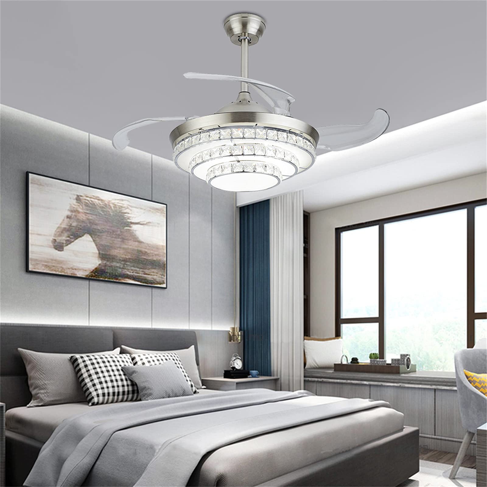 42 Inch Crystal Ceiling Fan with LED Light - 3 Speed Remote Control, Retractable Blades - Elegant Chandelier Fan for Living Room, Bedroom & Dining Room