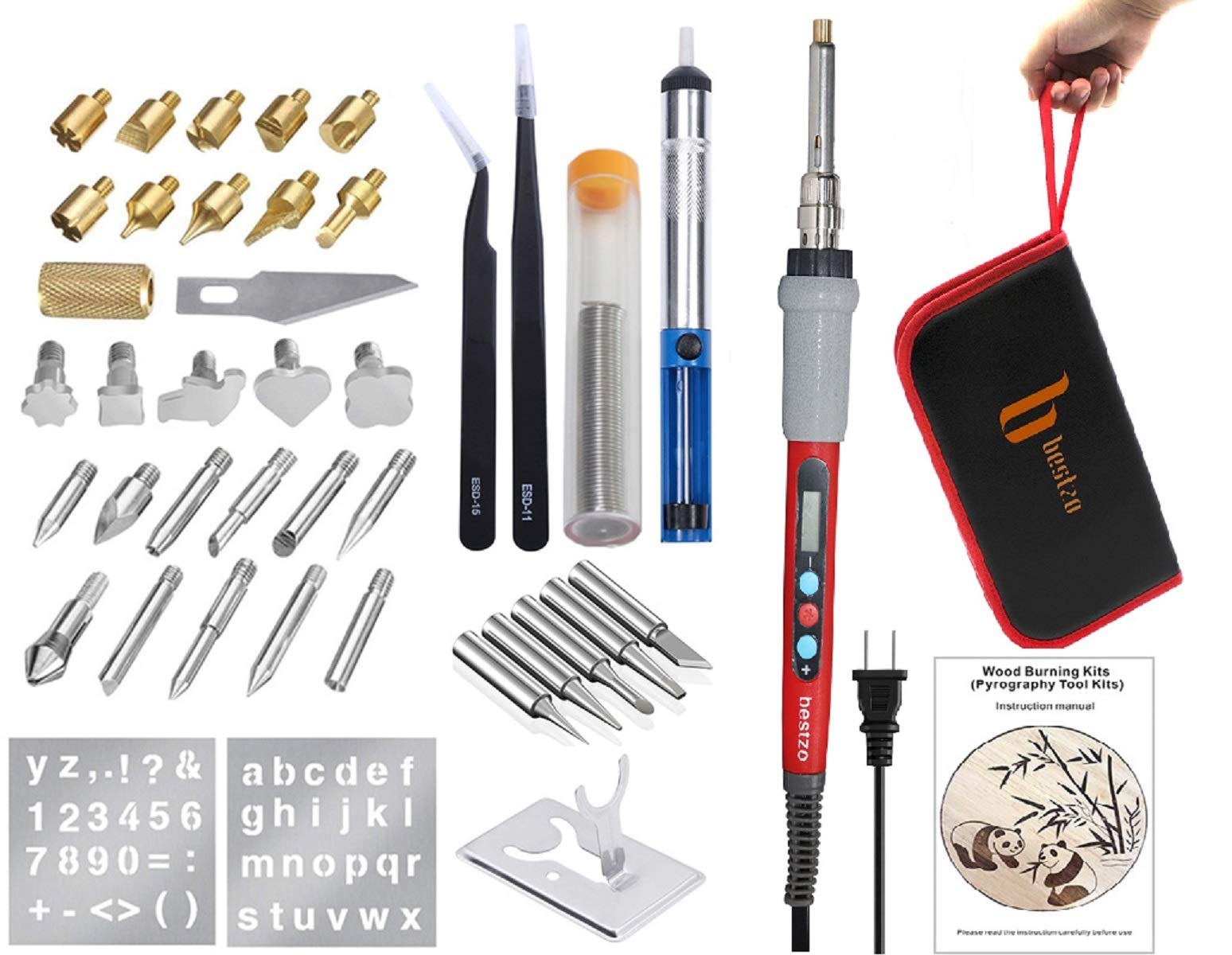 BESTZO Upgraded LCD Wood Burning Kit with Soldering Iron - Pyrography Tool Set for Wood Carving, Embossing & Soldering | Includes Multiple Tips, Manual & Portable Carrying Case (Red) | Perfect for DIY Crafts, Woodworking Projects & Home Decor