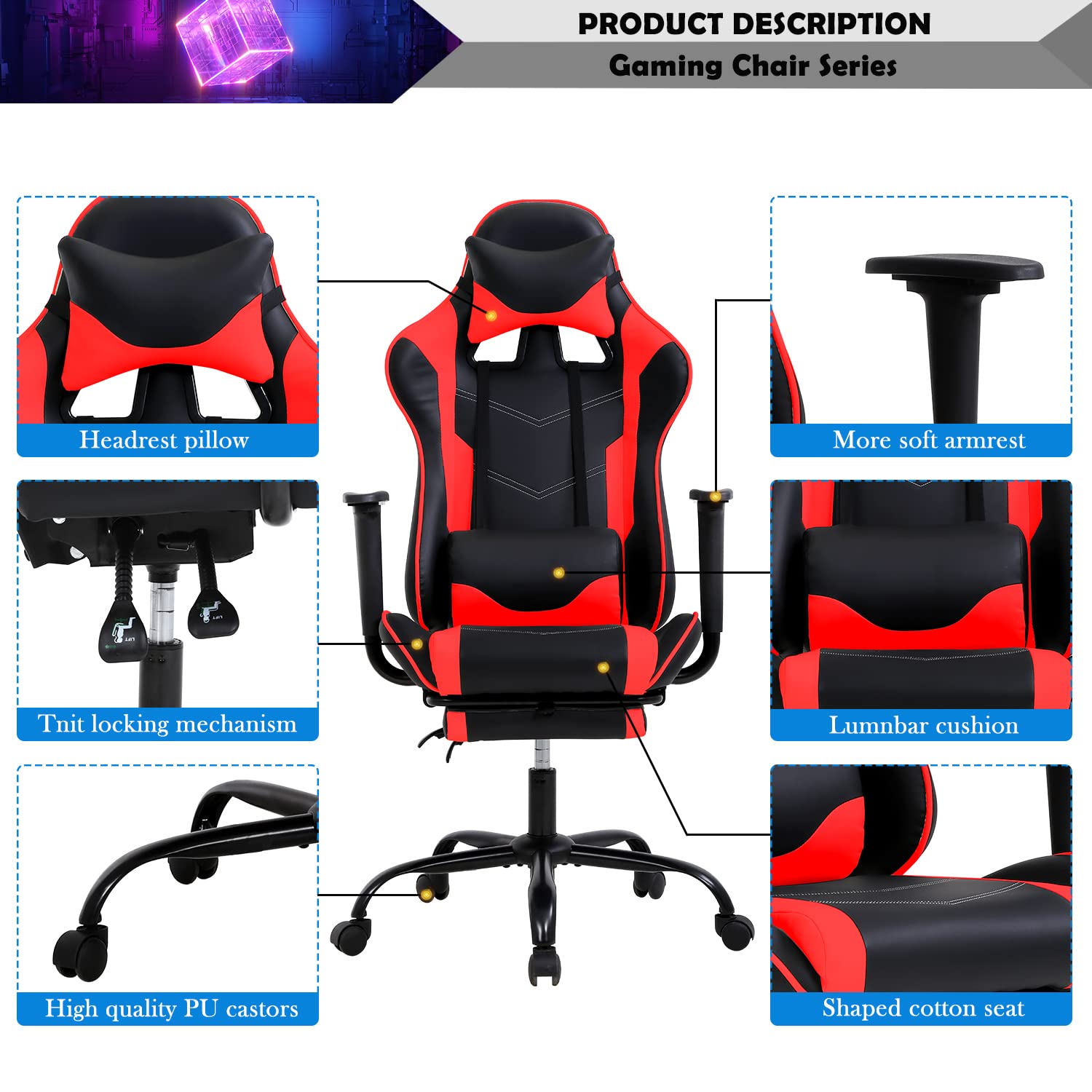 Premium Gaming Chair - Ergonomic Racing Style Office Computer Chair with Adjustable Headrest & Lumbar Support - High Back Recliner Video Game Chair for Adults & Kids (Red) - Perfect for Esports, Streaming & Home Office Setup