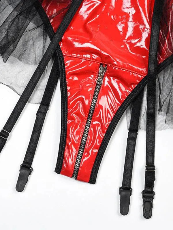 Sexy Halter Neck Leather Lingerie Bodysuit for Women - Black Mesh Grid Design - Perfect for Valentine's Day, Boudoir Photography & Role Play