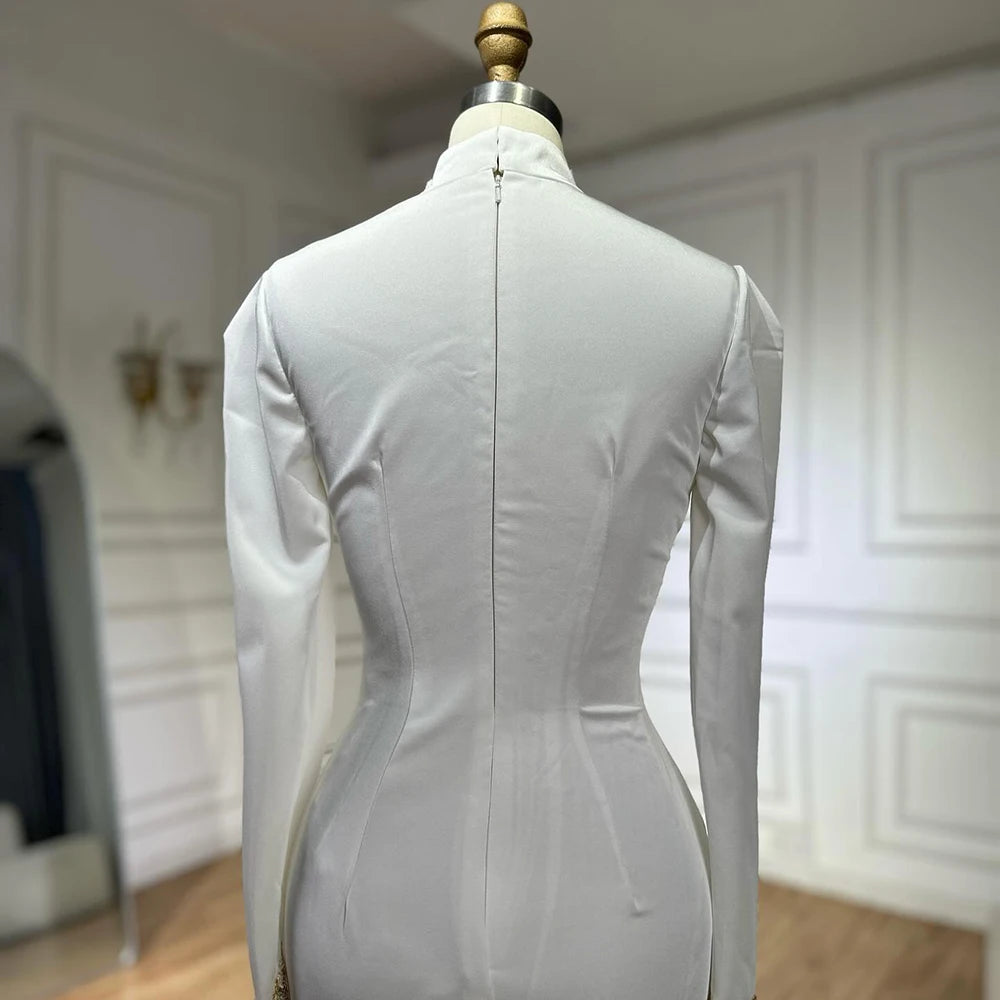 Luxury Dubai Arabic White Beaded Satin Saudi Mermaid Evening Dress Gown for Women - Formal Occasion Wedding Party Prom LA72815 | Elegant Long Sleeve Bridal Gown for Special Events