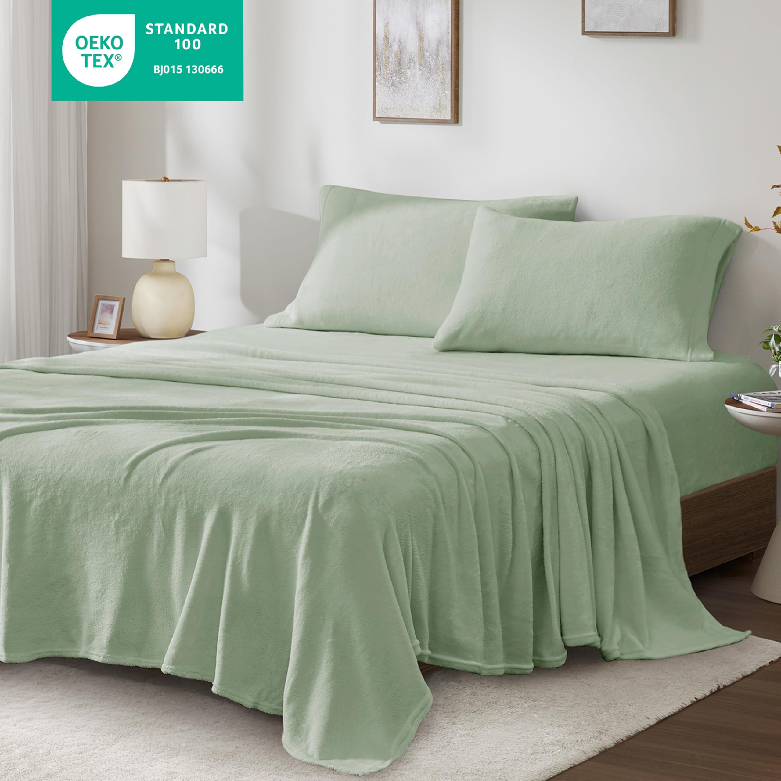 True North by Sleep Philosophy 4-Piece Queen Sheet Set - Soft & Warm Plush Bedding, Solid Green, Fits 16
