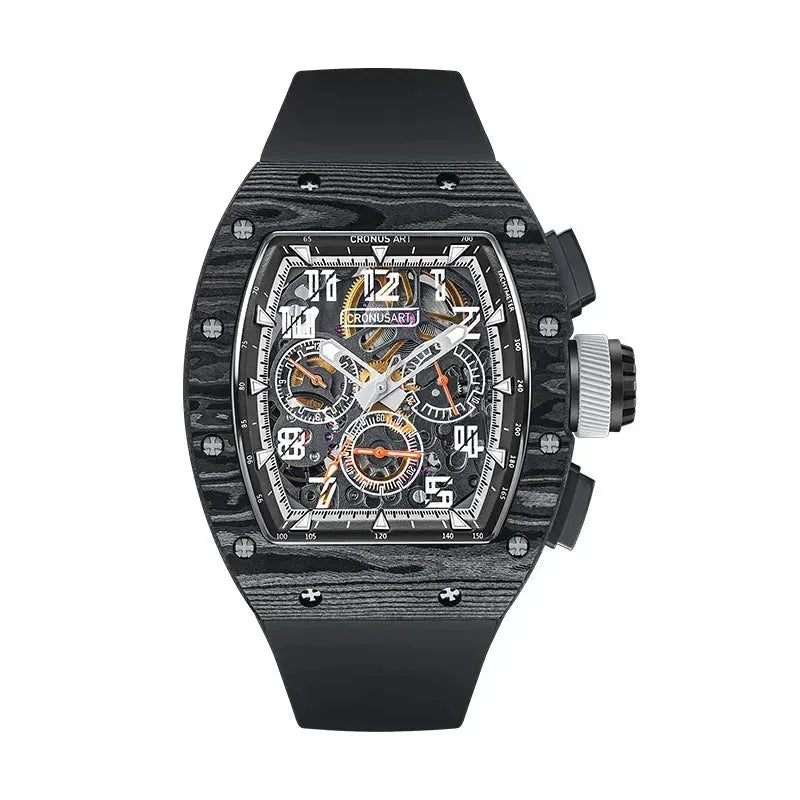 CRONUSART Men's Automatic Chronograph Watch - 50mm Tonneau Mechanical Wristwatch with Carbon Fiber Case, Luminous Hands, and Fluororubber Strap - Perfect for Sports, Outdoor Activities & Casual Wear
