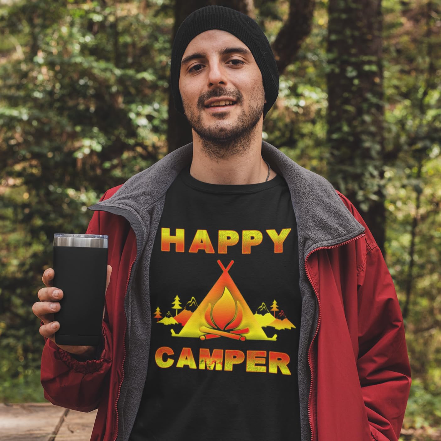 Men's Camping Shirt - Funny Happy Camper Outdoor Shirt for Hiking, Fishing & Adventure - Lightweight Quick-Dry Performance Tee for Summer Camping Trips
