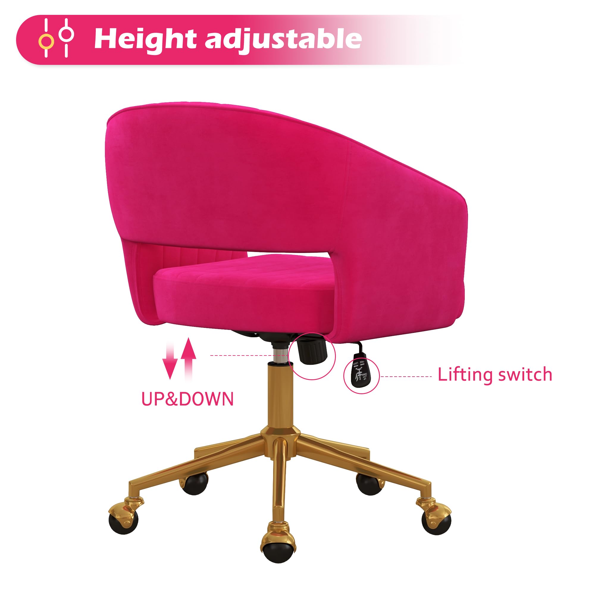 Luxury Velvet Swivel Office Chair with Gold Base - Ergonomic Tufted Desk Chair for Women & Girls, Modern Accent Armchair for Home Office, Study, Computer Work & Living Room (Hot Pink) - Comfortable & Stylish Seating Solution