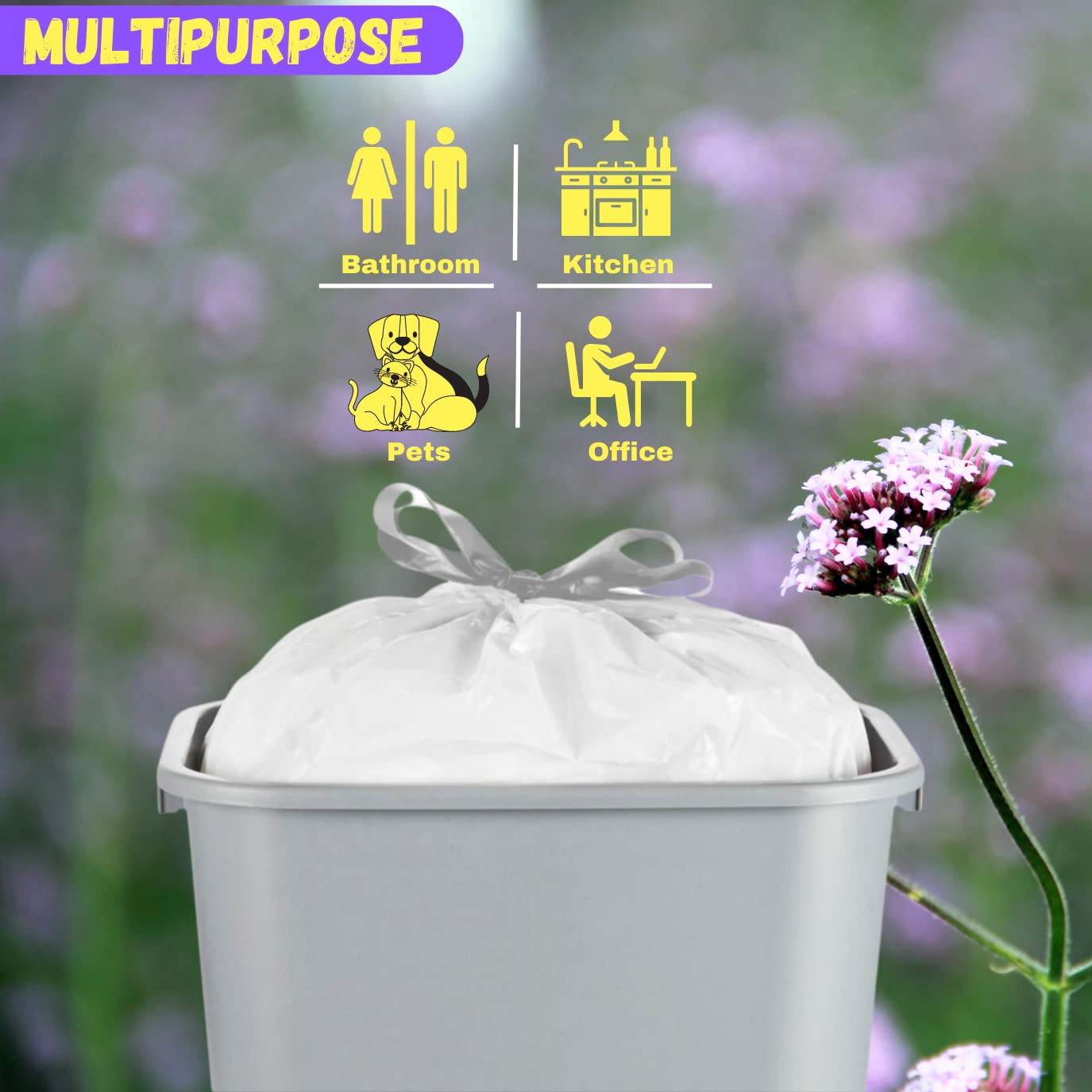 4 Gallon Lavender Scented Drawstring Trash Bags - 120 Count Small Bathroom Garbage Can Liners for Home, Office, Kitchen & Bedroom Waste Bins - Fresh Scented Odor Control for Daily Use