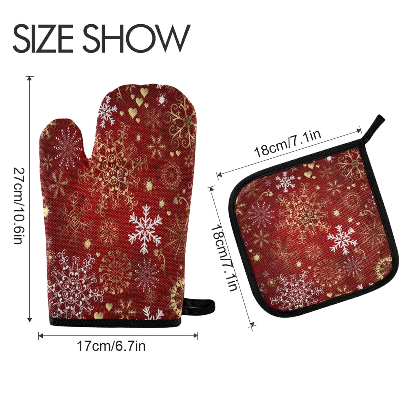 ALAZA Heat Resistant Christmas Snowflake Oven Mitt & Pot Holder Set - Gold White Red Kitchen Gloves for Cooking, Baking, Grilling, BBQ - Perfect Holiday Gift for Home Chefs & Bakers