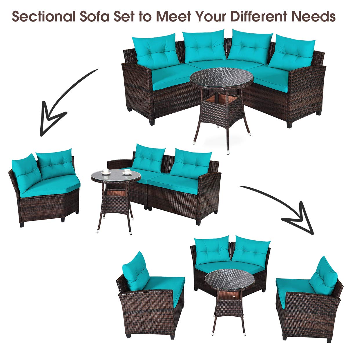 HAPPYGRILL 4-Piece Outdoor Patio Furniture Set - Rattan Wicker L-Shaped Sectional Sofa with Cushions & Coffee Table - Weather-Resistant Garden, Poolside, Balcony Conversation Set for Relaxing & Entertaining