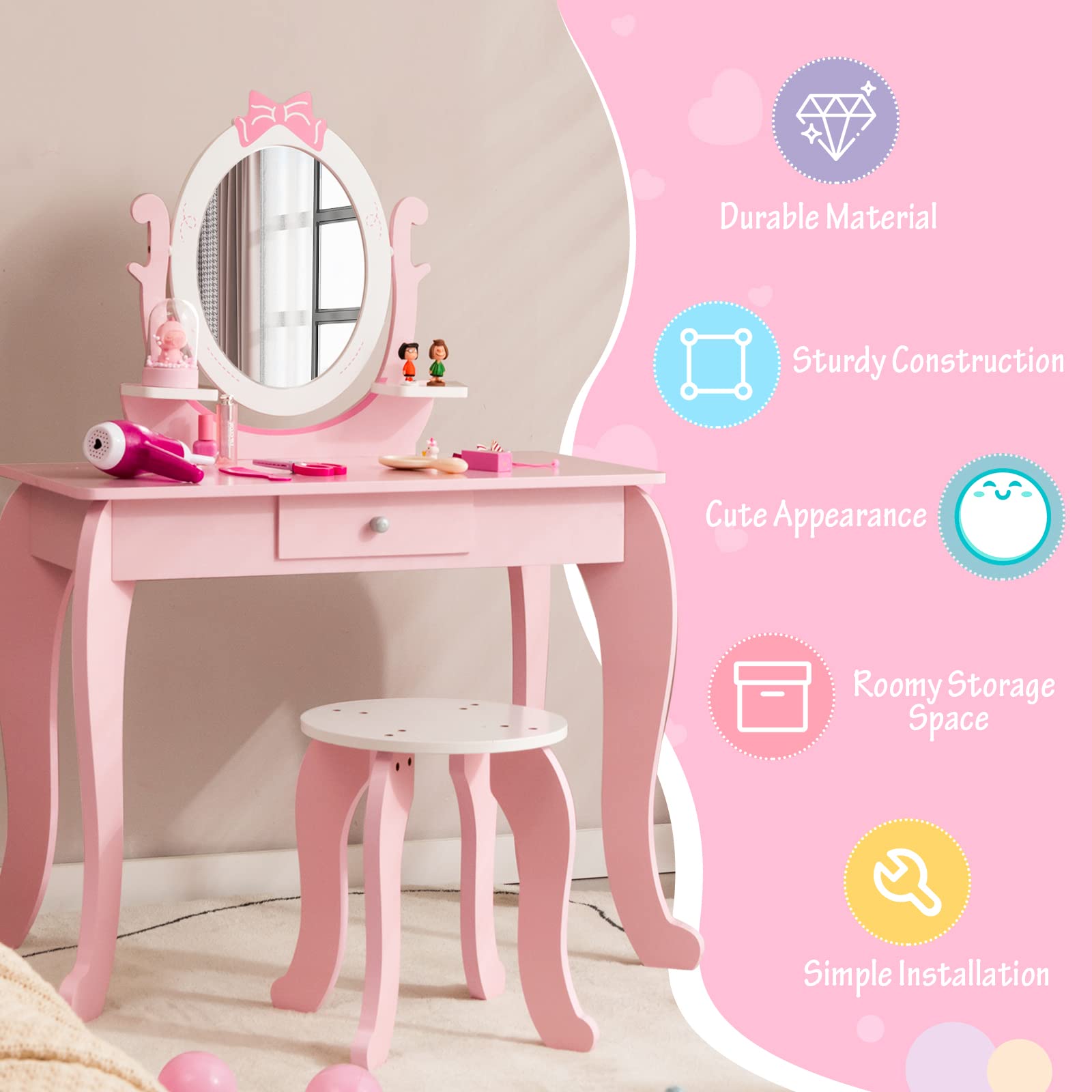 KOTEK 2-in-1 Kids Vanity with Rotating Mirror - Princess Dressing Table for Girls 3-7 - Playroom Decor
