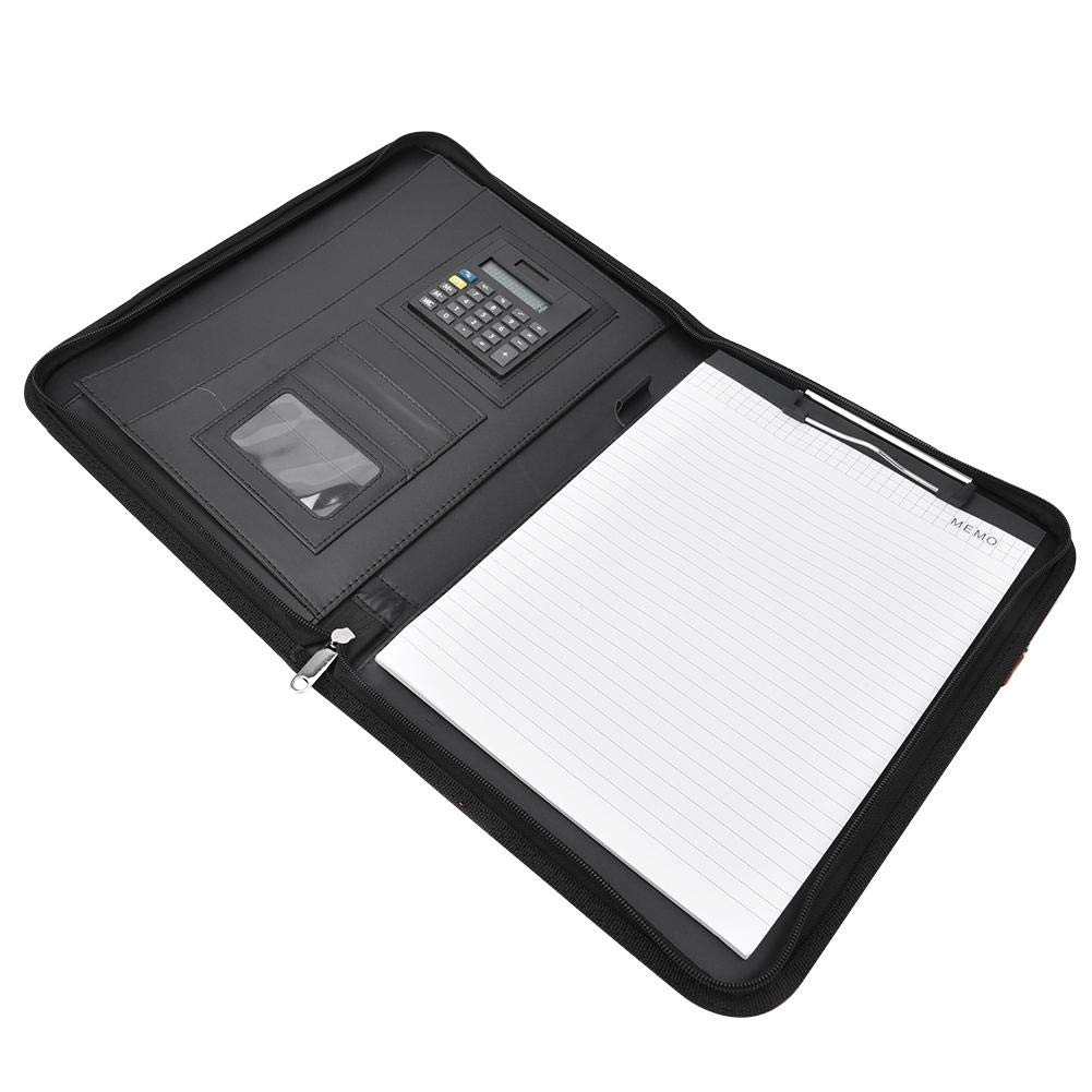 A4 PU Leather Zippered Document Clipboard with Calculator - Professional Resume Organizer & Business File Folder for Office, School, and Work (Black) - Perfect for Meetings, Interviews, and Daily Organization